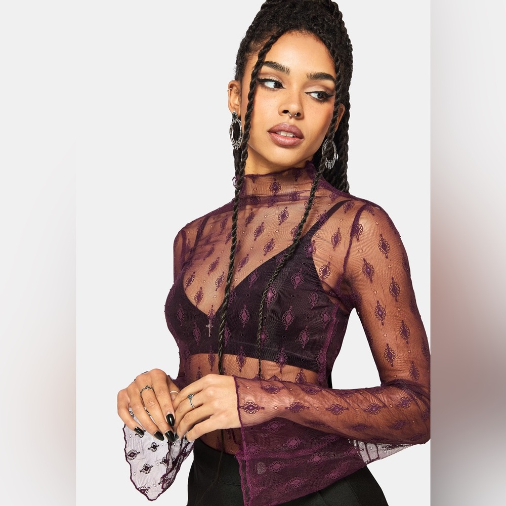 Disturbia Essendi Long Sleeve Mesh Top - Burgundy NWT